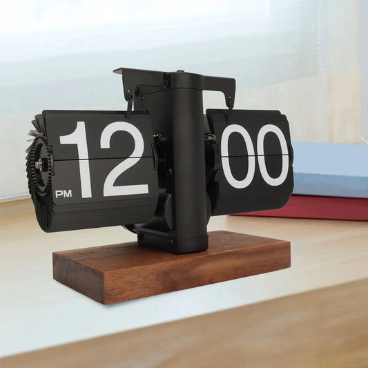 Vintage retro flip clock with wooden base and large number display for home office decoration and modern timekeeping