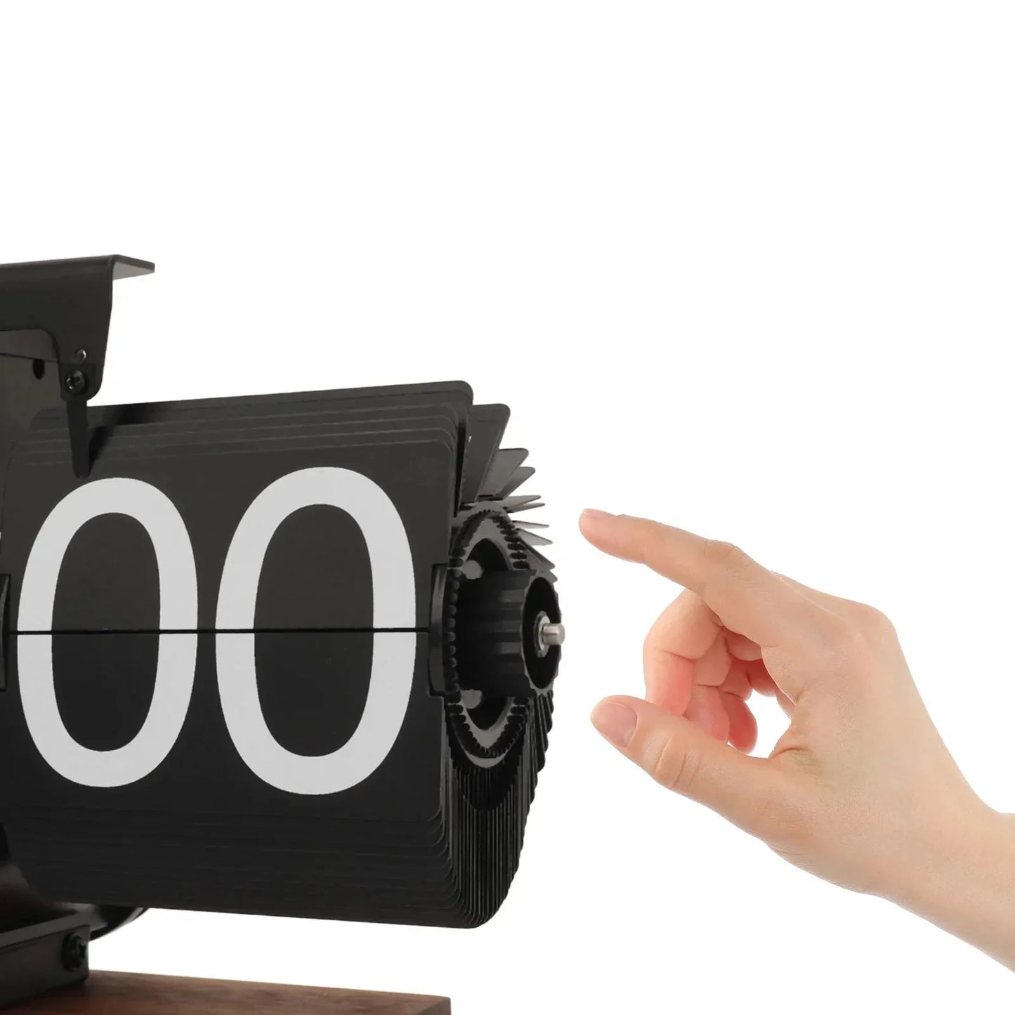 Hand adjusting a rotary button on a clock with text instructions.