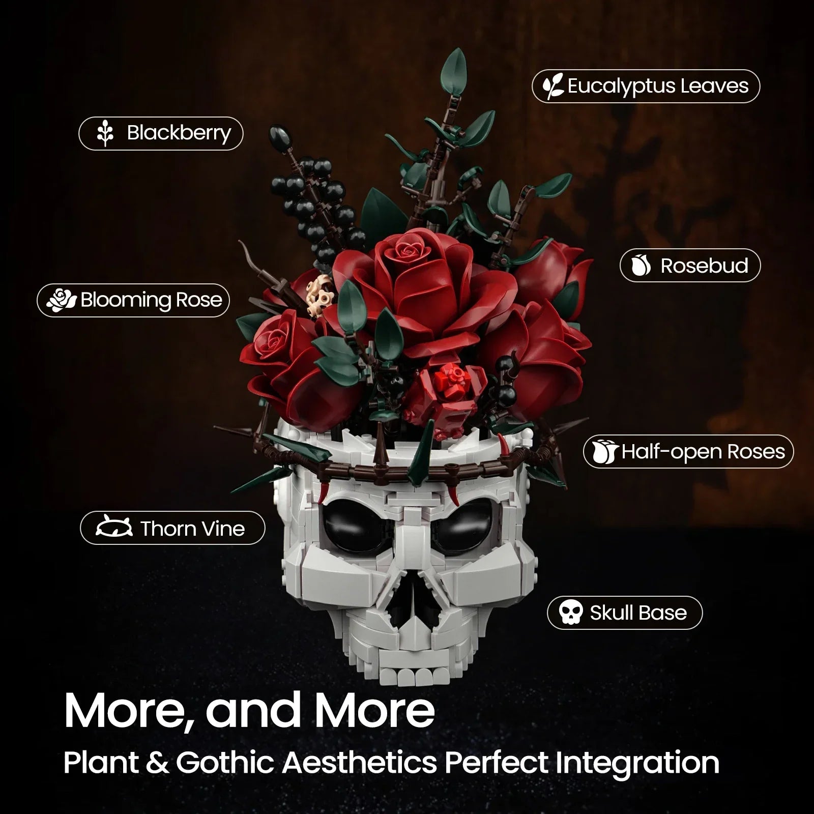 Skull flowers building blocks set gothic roses bouquet skeleton planter pot Halloween decor toy for creative building enthusiasts