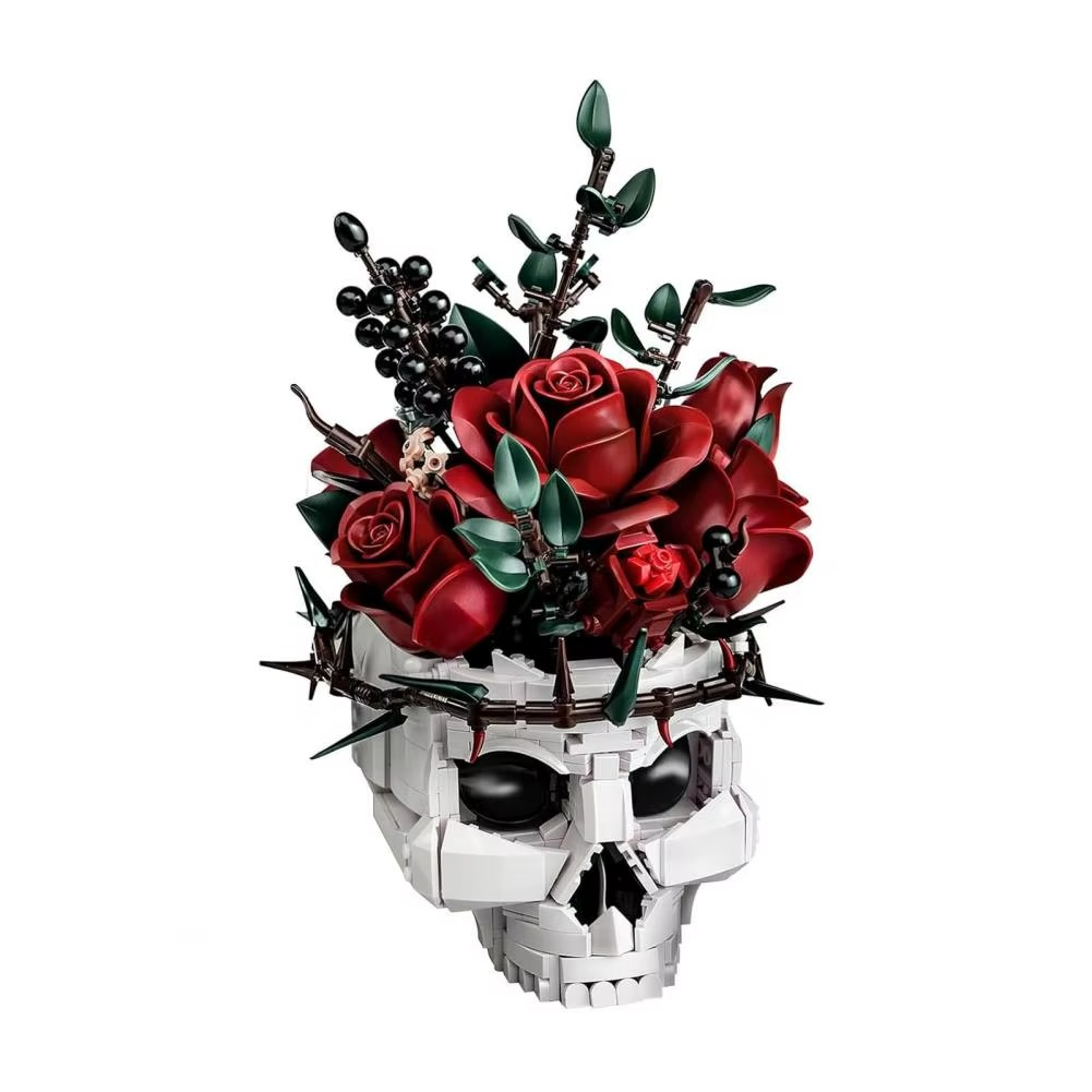 Skull flowers building blocks set gothic roses bouquet skeleton planter pot Halloween decor toy for creative building enthusiasts