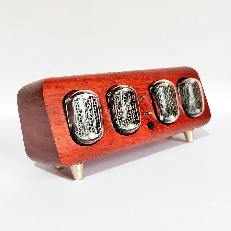 Vintage-style radio with wooden casing and metallic components on a white background