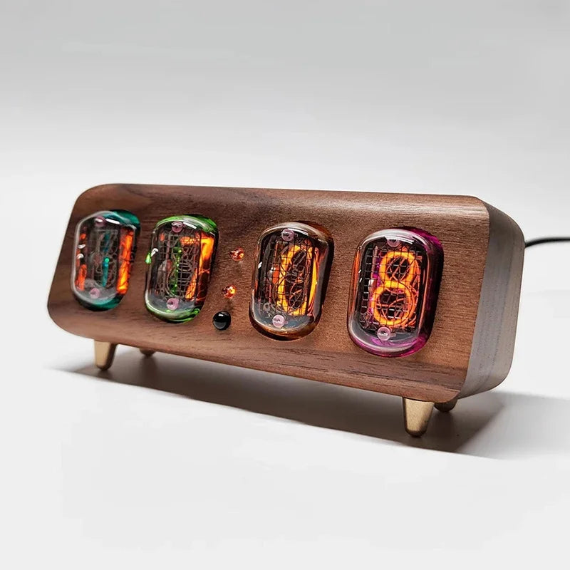 retro nixie tube digital clock with wooden case and glowing amber display