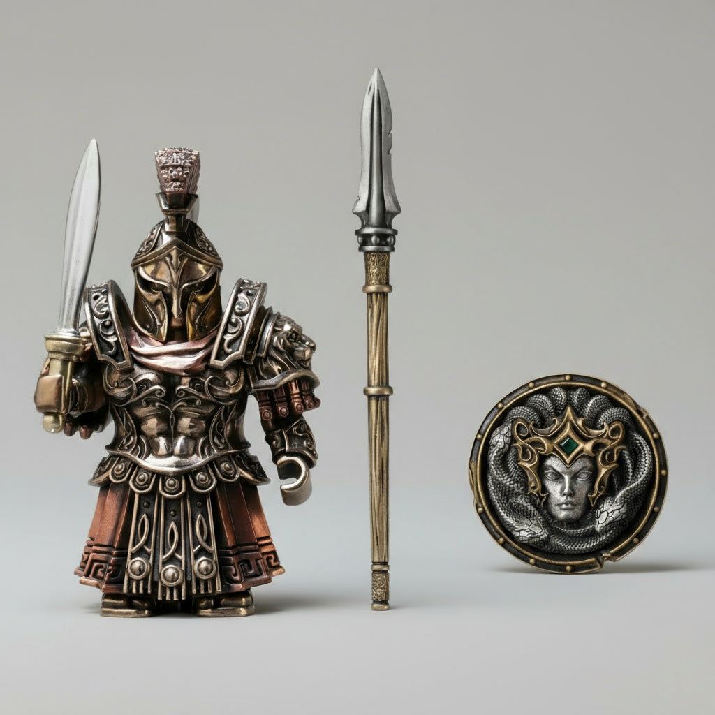 Spartan warrior figurine with Xiphos of Sparta, Aegis of Medusa,