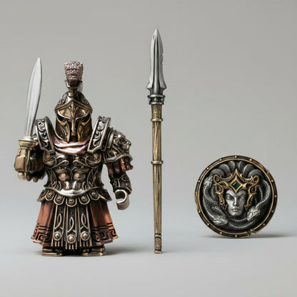 Spartan warrior figurine with Xiphos of Sparta, Aegis of Medusa,