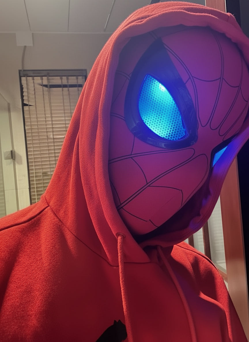 Person wearing a red hoodie with a Spider-Man mask featuring blue eyes.