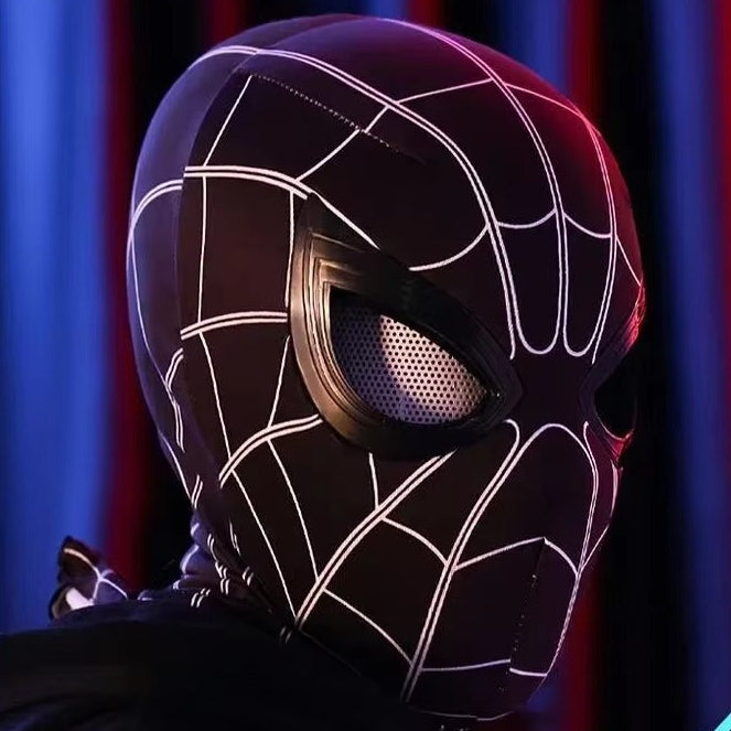 Black Spider-Man mask with glowing white web patterns on a dark background