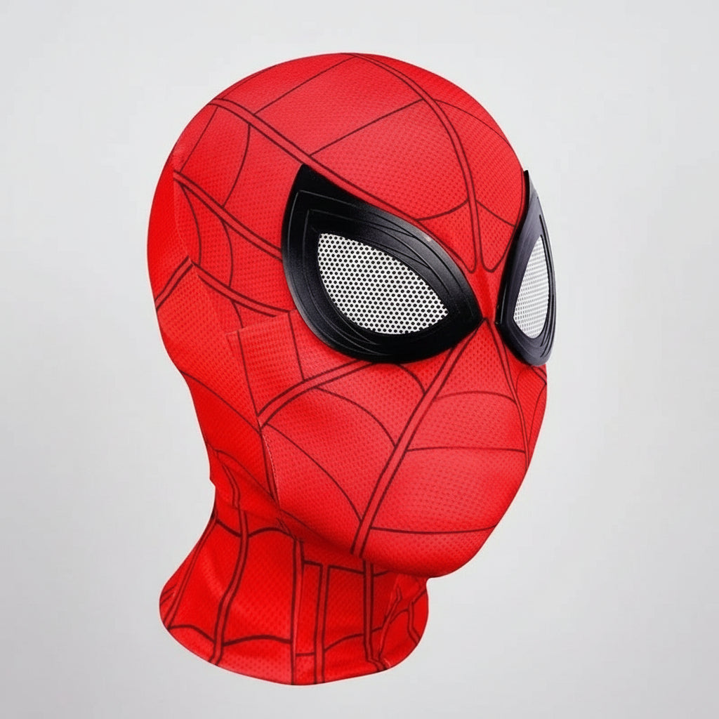Red superhero mask with black web patterns on a light gray background