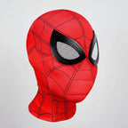 Red superhero mask with black web patterns on a light gray background