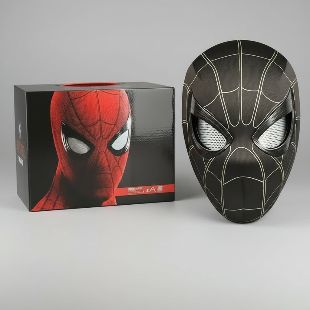 Black Spider-Man mask next to its packaging on a gray background