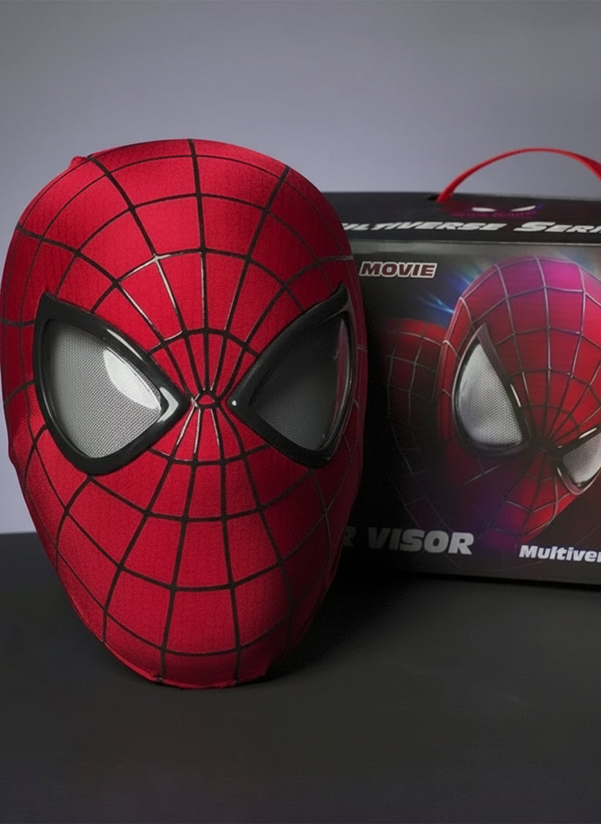 Red Spider-Man superhero mask with electronic moving eyes and LED lights for cosplay and Halloween costumes