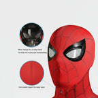 Red superhero mask with black eye lenses and mesh design on a light gray background