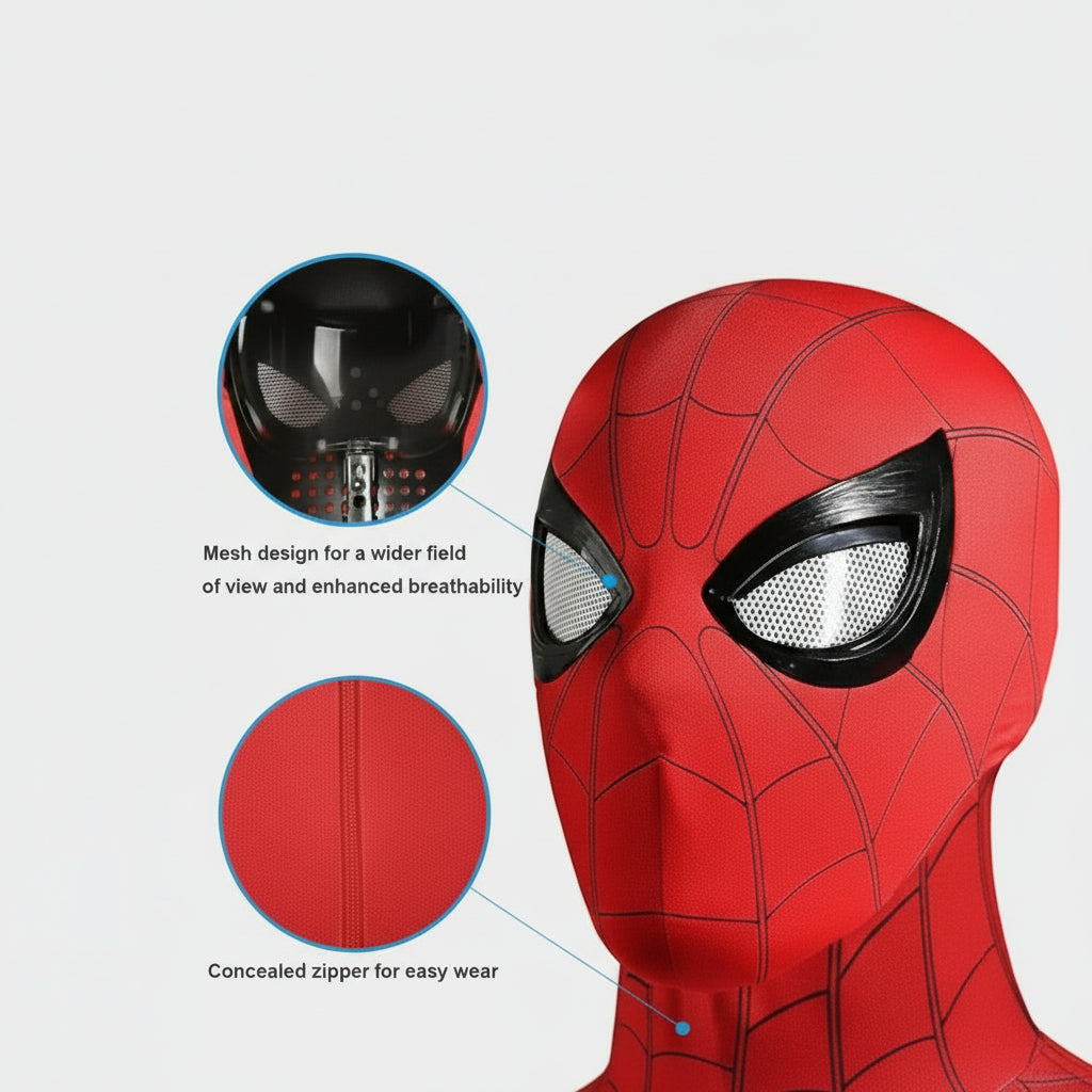 Red superhero mask with black eye lenses and mesh design on a light gray background