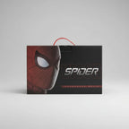 Yellow package and Spider-Man themed box on a wooden surface with a white tiled wall background.