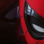 Close-up of a red Spider-Man superhero mask with electronic moving eyes and LED lights for cosplay and Halloween costumes
