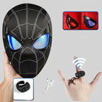 Black mask with blue eyes held by a hand, with inset images of red and purple lenses, a remote control, and a wireless signal icon.