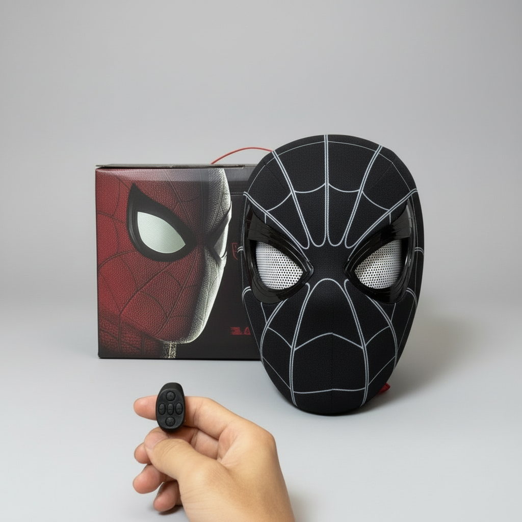 Black Spider-Man superhero mask with electronic moving eyes and LED lights for cosplay and Halloween costumes