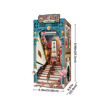 Toy box with a street scene design, including dimensions on a white background
