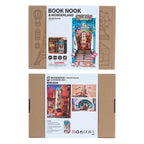 Two cardboard boxes with 'Book Nook & Wonderland' street scene packaging Street scene DIY book nook shelf insert with LED lighting and detailed urban miniature diorama for bookshelf decoration