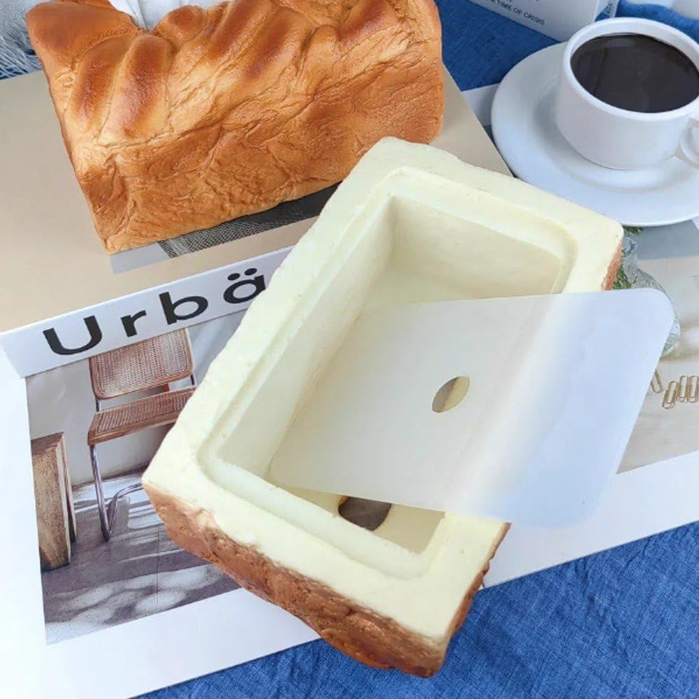 Realistic bread-shaped tissue box holder with premium PU construction and innovative dispensing mechanism