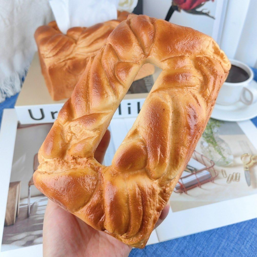 Realistic bread-shaped tissue box holder with premium PU construction and innovative dispensing mechanism